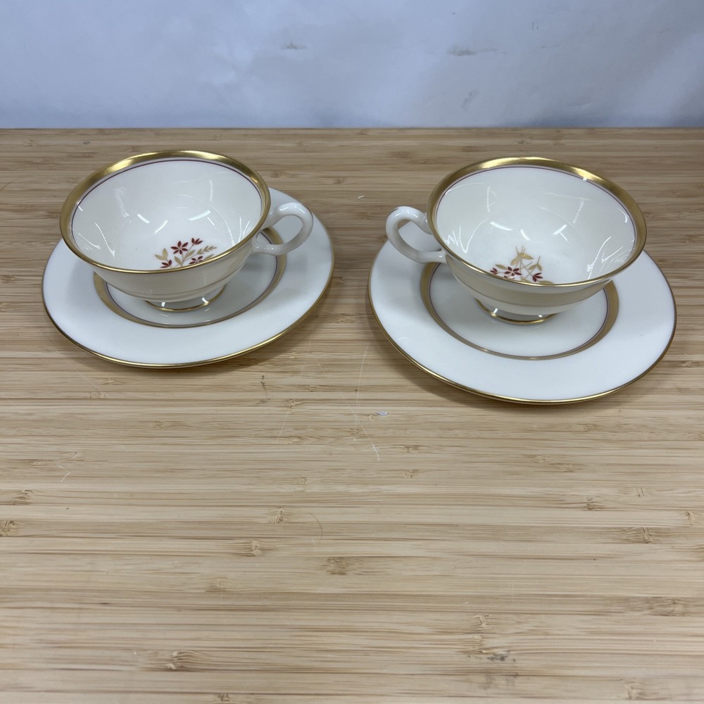 Lenox Nydia P-419-W Teacup & Saucer Set of 2 Vintage Porcelain Gold Trim USA